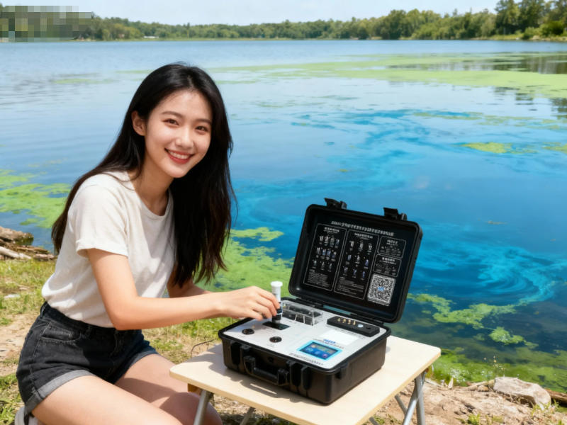 戶外現場使用便攜式多參數水質測定儀檢測湖水水質 戶外現場使用便攜式多參數水質測定儀檢測湖水水質